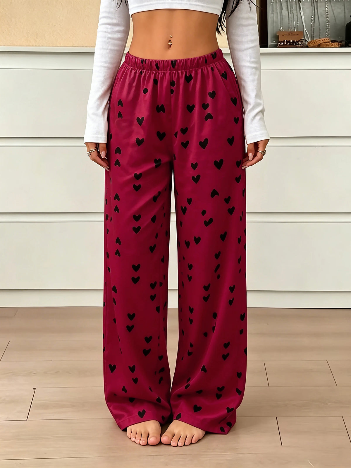 New Women Satin Pajama PantsHeart Print Elastic Waist Loose Wide Leg Sleep Bottoms Ladies Casual Trousers