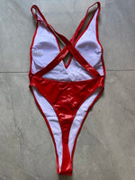 PU Leather V Neck Extreme Mini String Thong Women Swimwear One Piece Swimsuit Female Monokini Cross Backless Bathing Suit Swim