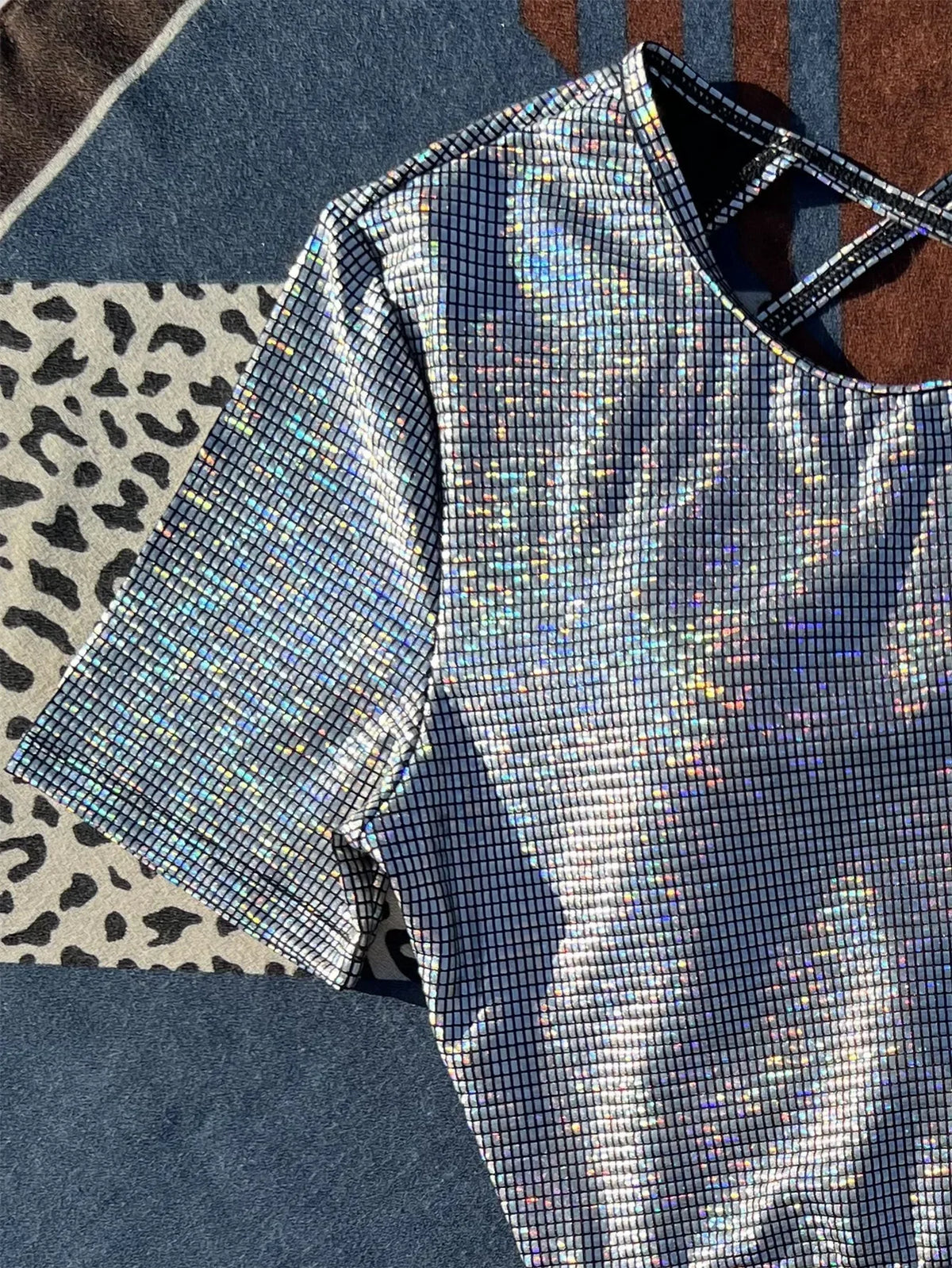 Sequin Silver Two Piece Bikini Women Short Sleeve Back Criss Cross Crop Top Swimsuit 2026 Bathing Suit Pleat High Waist Swimwear
