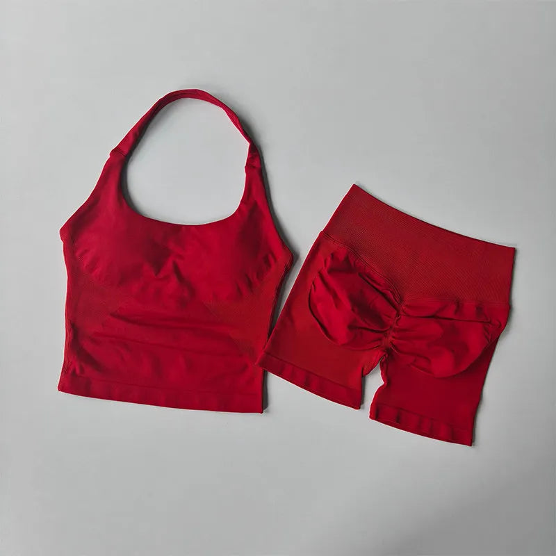 2PCS Seamless Halter Neck Yoga Set Push up Sports Bra And High Waist Butt Lift Fitness Shorts Tummy Control Fitness Wear