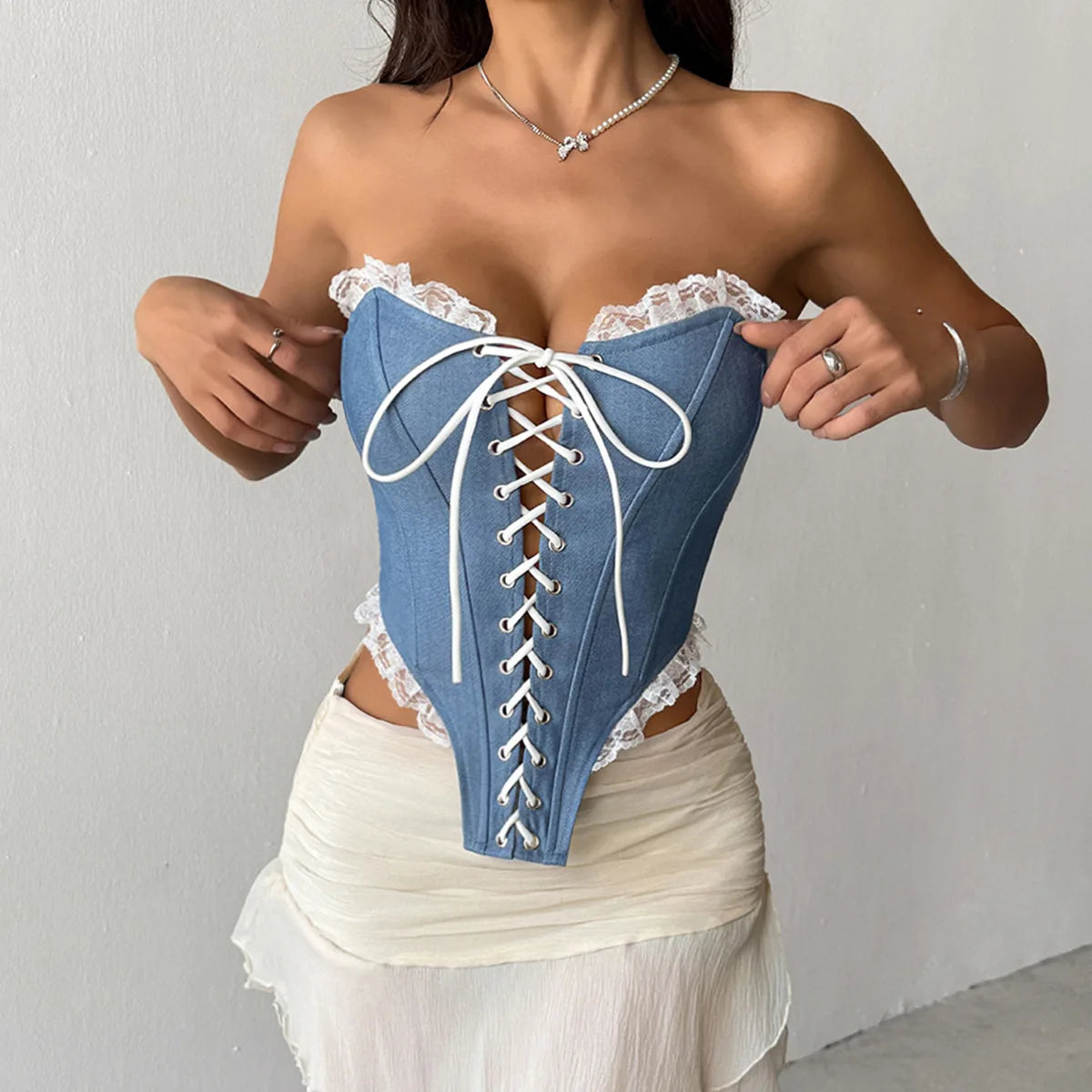 Sexy Imitates Denim Camisole Women Off Shoulder Lace Trim Bandage Cross Slim Fit Fishbone Tank Top 2026 Lady Club Party Vest
