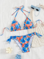 Cute Orange Floral Print Bikini Set Women Halter Ruffles Push Up Tie Side Thong Swimsuit 2026 Summer Bathing Suit Micro Swimwear
