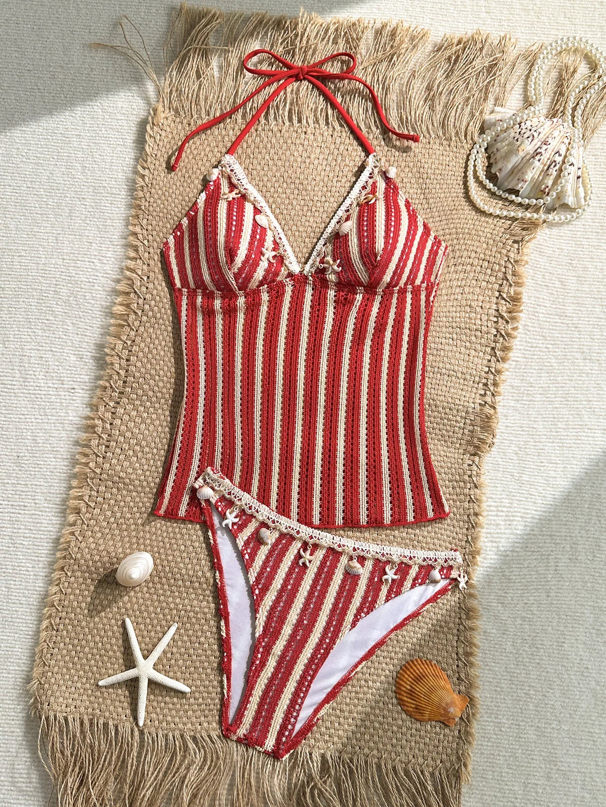 Vintage Red Striped Two Piece Bikini Set 2026 Women Shell Starfish V Neck Top High Waist Swimsuit Beach Bathing Suit Swimwear