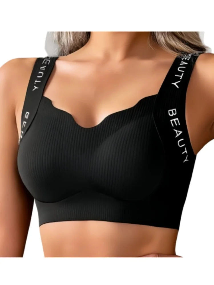 Ribbed Bras Push-Up Wireless Bra Women's Seamless Underwear Plus Size Wave Neckline Wide Strap Support Sexy Lingerie M-3XL