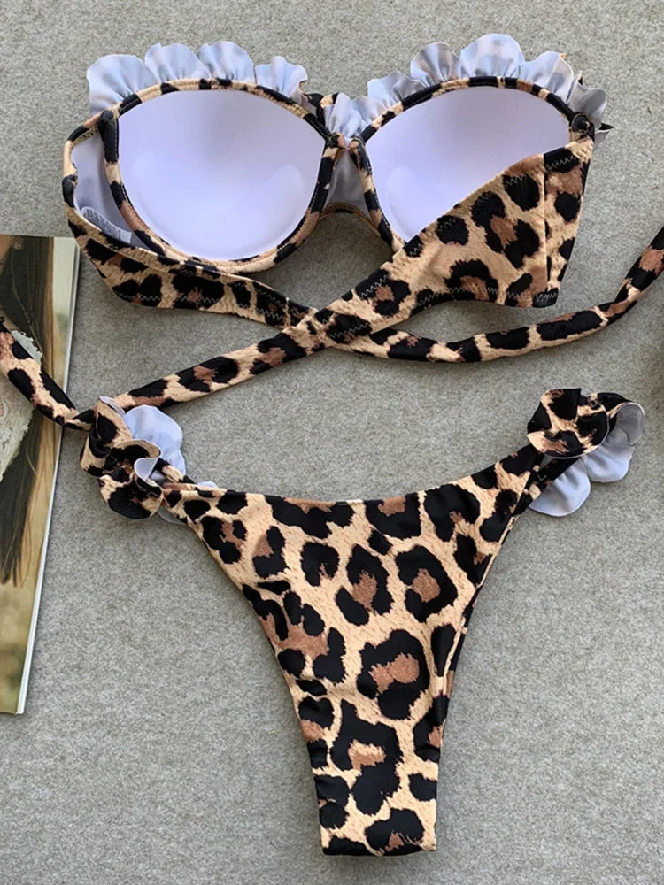 Leopard Ruffled Bra Cup Bikini 2025 Women Bandeau Swimsuit Female Swimwear Two Pieces Bikini Set Push Up Bathing Suit Swim Lady
