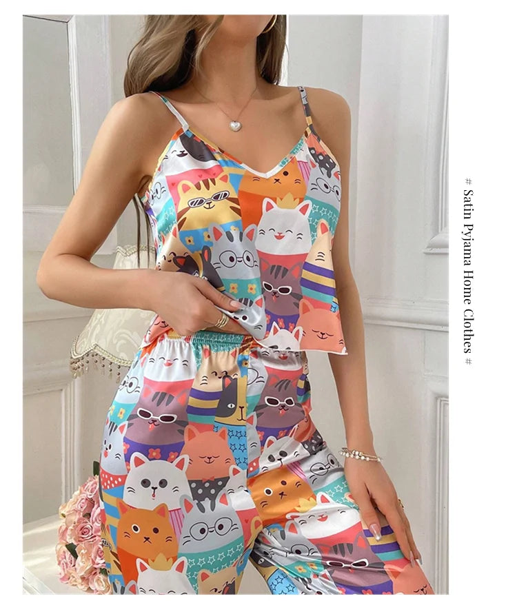 Pajama For Women Home Clothes Summer Satin Sleepwear Pj Set Sexy V Neck Cami Tops with Comfortable Elastic Pants Pyjama 2 Piece