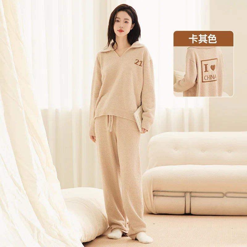 Women Winter Half Fleece Pajama Set Thick Warm Long Sleeve Long Pants Cozy Soft Casual Homewear Loungewear Sleepwear Suit