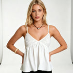 Womens Summer Loose Hem Sleeveless Cami Top Babydoll Tank Tops V Neck Spaghetti Strap Camisoles with Lace Trim