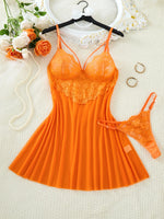 Orange Daisy Floral Lace Sheer Mesh Babydoll Lingerie Set Slip Nightdress With Matching Thong Women Sexy Sleepwear ZA825096
