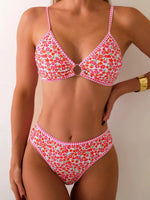 Rose Red Flower Print Bikini Set Women 2026 Summer New High Waist 2 Piece Swimsuit V-neck Bra Push Suspender Backless Swimwear