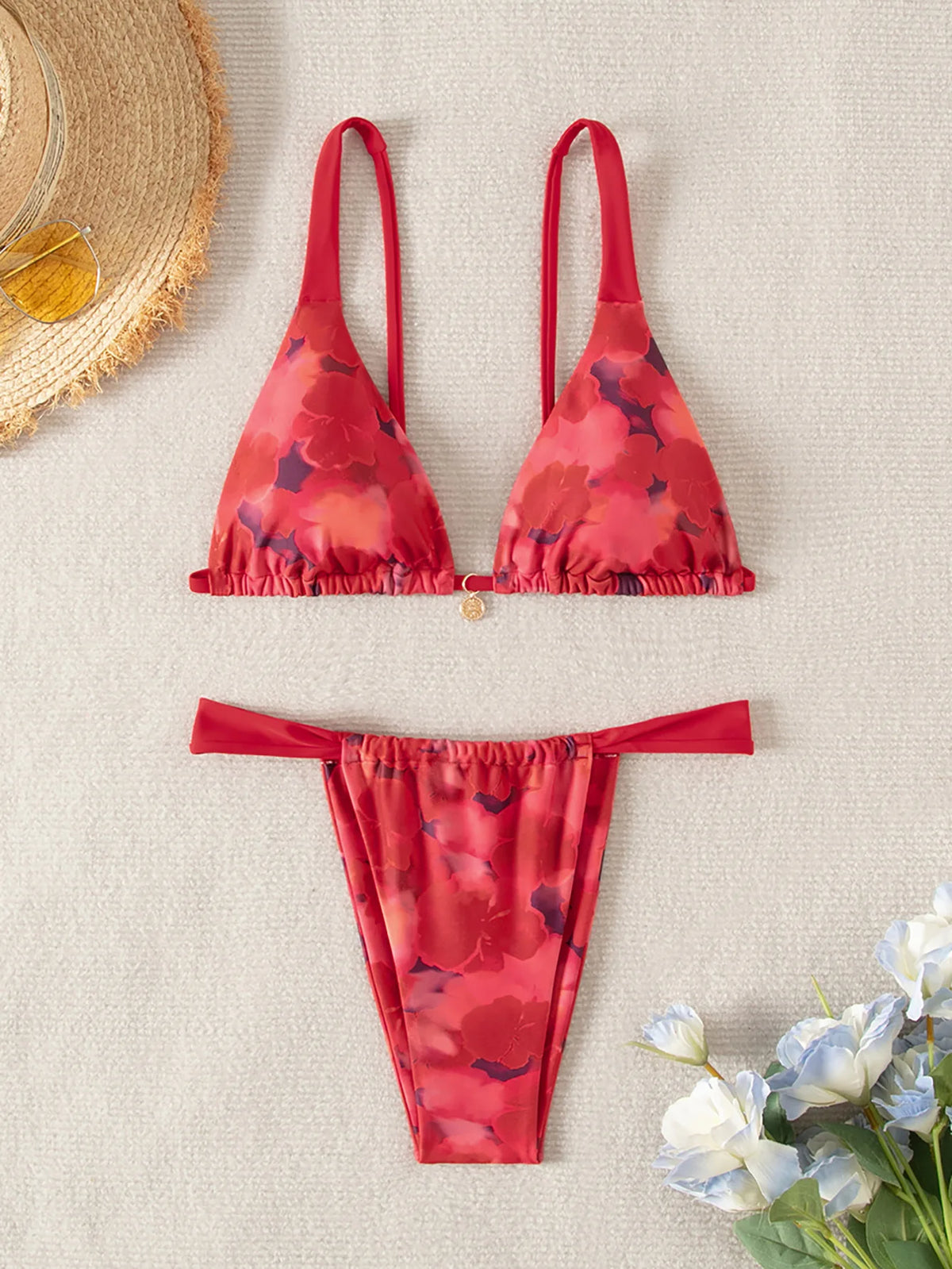 Blue Floral Print 2 Piece Micro Bikini Set for Women 2025 New Push Up Bra Thong Swimsuit Beach Bathing Suit Holiday Swimwear