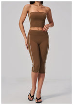 Color Blocked Strapless Yoga Suit 2 Pieces Women Sports Bra High Waist Leggings Fitness Suit Outwear Running Push Up Tracksuit
