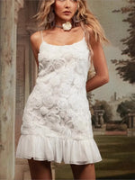2025 Summer Lady New 3D Flower White Mini Chiffon Dresses Sexy Backless Simple Elegant Fashion Ladies Slim Holiday Party Outfits