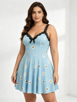 Plus Size Daisy Print Nightgown Women Lace Trim Bow V Neck Slip Dress Soft Mini Sleep Dress Summer Casual Ladies Lingerie Nightw