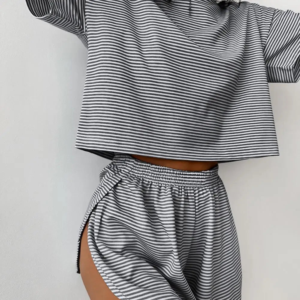 2 Pcs/Set Summer Sleepwear For Women Striped Printed Homewear Top Pants Suit Loose Short Sleeve T-shirt Elastic Waist Shorts