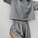 2 Pcs/Set Summer Sleepwear For Women Striped Printed Homewear Top Pants Suit Loose Short Sleeve T-shirt Elastic Waist Shorts