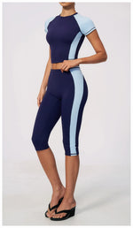 Color Blocking 2PCS Yoga Set Women's Tracksuit Short Sleeve O Neck Sports T Shirts High Waist Cropped Pants Tight Fitness Suits