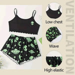 Summer Sleepwear Women Pajamas Set Alien Pattern Printed Sports Camisole Tops and Shorts Casual Loungewear