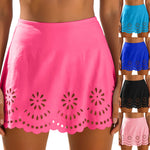 Women Solid High Waist Swim Skirts Hollow Out Floral Cutout Scalloped Hem A Line Bikini Cover Up Skirt Vacation Pool Beachwear