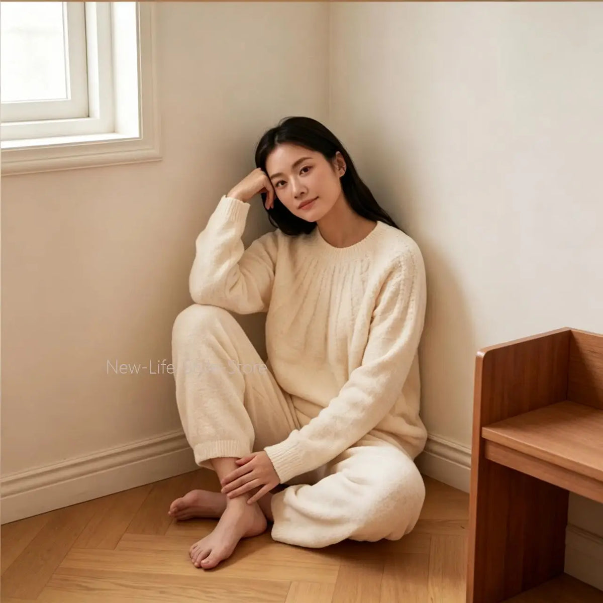 Autumn Winter Embossed Raglan Sleeve Pullover Cuffed Pants Ladies Homewear Sleepwear Women Solid Color Soft Pajama Set