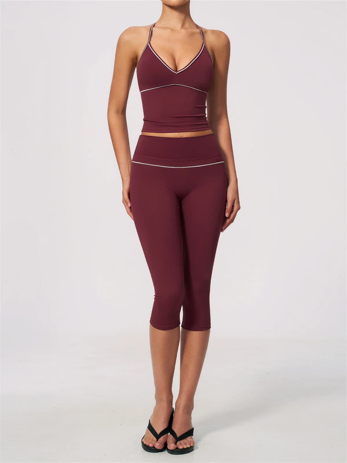 Summer Color Blocking Yoga Suit Women Tracksuit Hanging Neck V Neck Slim Sports Vest Tight Hip Lifting Capri Pants Fitness Sets