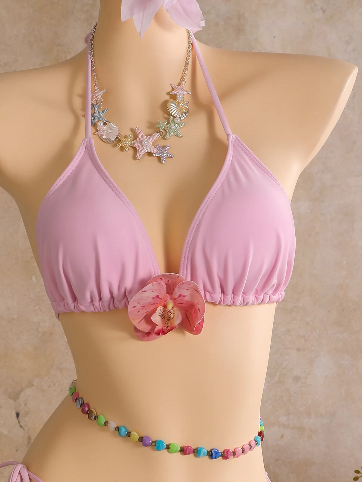 Vintage Pink Floral Tie Dye Gradient Bikini Set 2026 Women 3D Flower Push Up Bra Cover Up 3 Piece Swimwear Bathing Suit Swimsuit