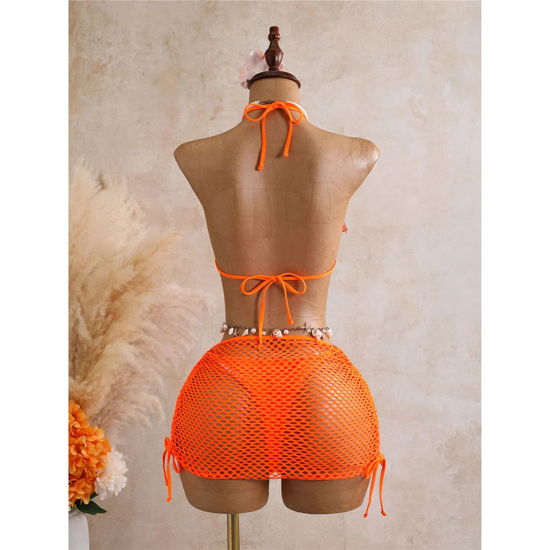 With Skirt 3D Flower Halter Bikini Women Swimwear Female Swimsuit Three-Pieces Bikini Set Padded Bather Bathing Suit SwimV8346