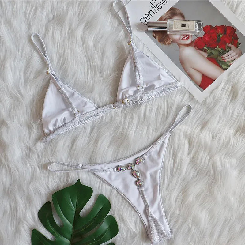 Extreme Mini Micro G String Diamond Bikini Women Swimsuit Female Swimwear Two Pieces Bikini Set Halter Bathing Suit Swim Lady