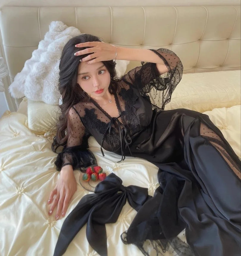 French sexy Pure Temptation Mesh Lace Nightgown for Women Spring Summer Ice Silk Long Sleeve Cutout Back Sleepwear Homewear