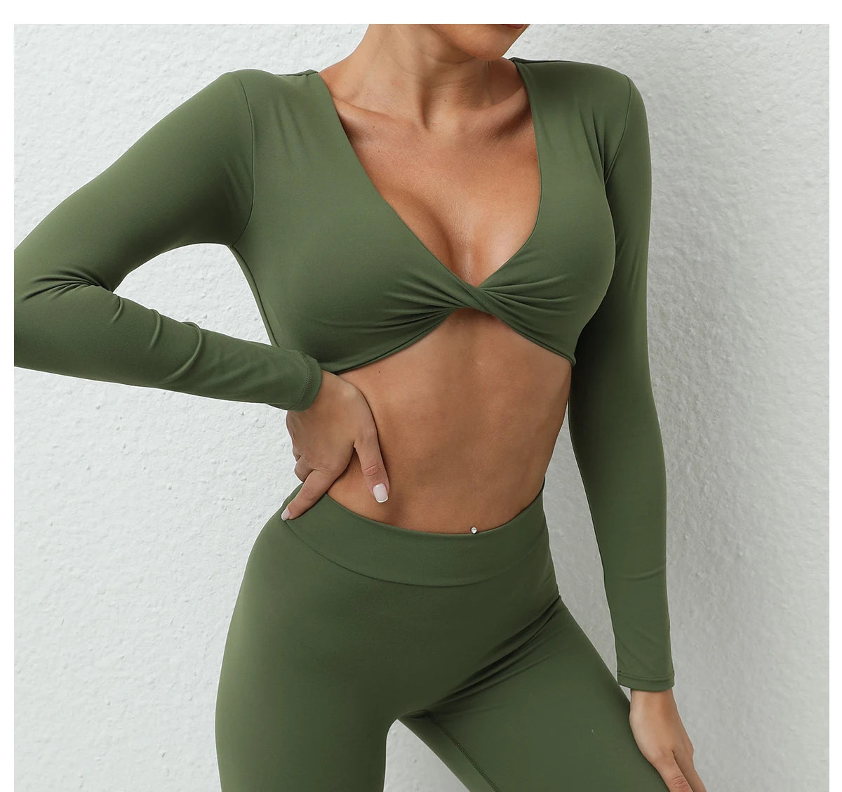 Long Sleeve Gym Crop Tops for Women Twist Deep V Workout Quick Dry Padded Sports Fitness Yoga T-Shirt