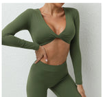 Long Sleeve Gym Crop Tops for Women Twist Deep V Workout Quick Dry Padded Sports Fitness Yoga T-Shirt