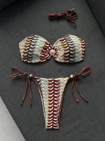 Sexy Coffee Striped Micro Bikini 2026 Women Bandeau Metal Shell Push Up Bra Bandage Thong Swimwear Beach Bathing Suit Swimsuit