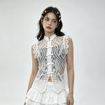 Women's Solid Color Lace Tank Tops Mandarin Collar Sleeveless Frog Buttons Summer Vest