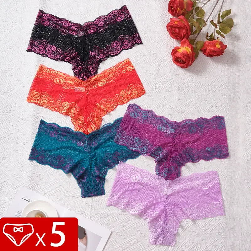 5pcs 1XL-4XL Plus Size Floral Panties Breathable Comfortable Female Underpants Fashion Sexy Lace Lingerie Elegant Lady Briefs