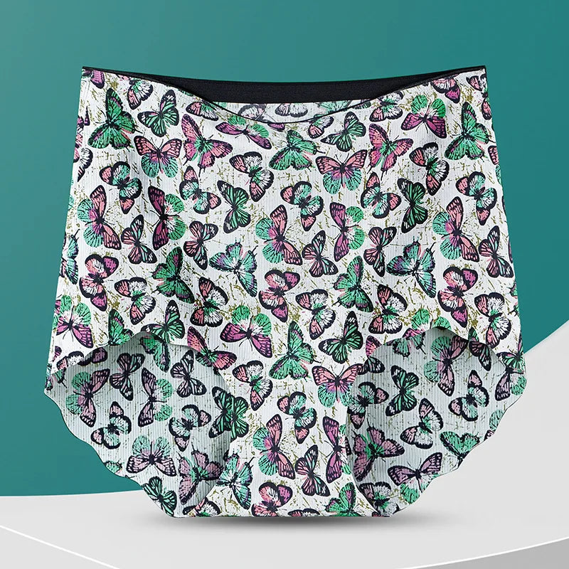 Women High Waist Panties Ice Silk Seamless Tummy Control Briefs Sexy Printing Flowers Soft Comfort Underwear Butt Lifter Panty