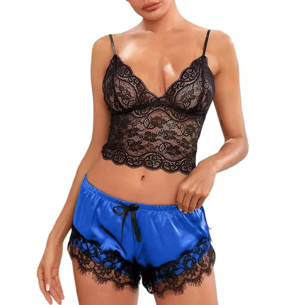 Women Pajama Set Lace Pajama Top Satin Shorts With Black Silk Bow And Lace Trim Sexy Lace Camisole Set Ladies Sleepwear Outfit