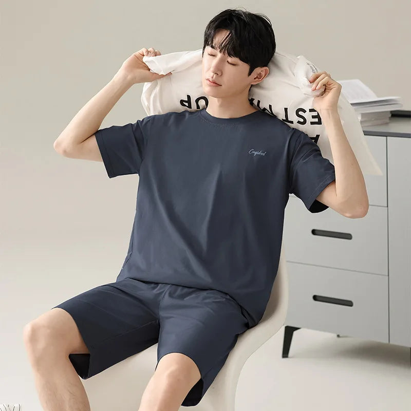 Men's Solid Pajama Plus Size Short Sleeve Round Neck Tee And Shorts Breathable Loose Fit Sleepwear Loungewear Summer Fashion Pjs