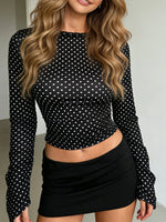 Women's Fashionable Dot Print Crew Neck Slim Fit Crop T-shirts Spring Summer Lone Bell Sleeve Tops