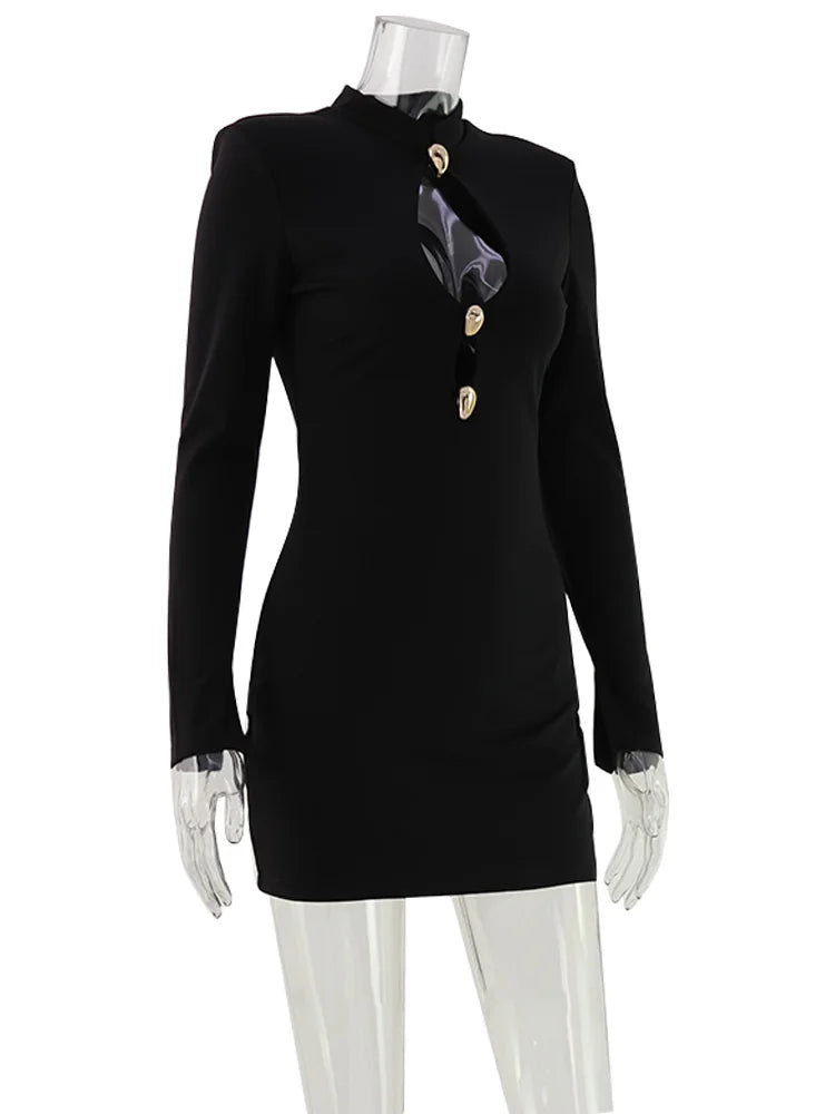 Ahagaga Fashion Women's Mini Dress Solid Hollow Out Regular Long Sleeves Sheath Bodycon Sexy Club Basic Casual Streetwear Female