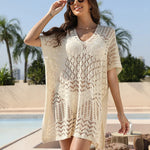 Sexy Hollow Out Beach Cover Up Women Blue White Knitted Crochet Tunic Mini Dress Short Sleeve V Neck Loose Cover-ups Beachwear