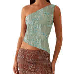 Women's Summer Beaded Sequin Flower Tank Tops Solid Stylish Sparkly Glitter Off One Shoulder Slim Vest Streetwear