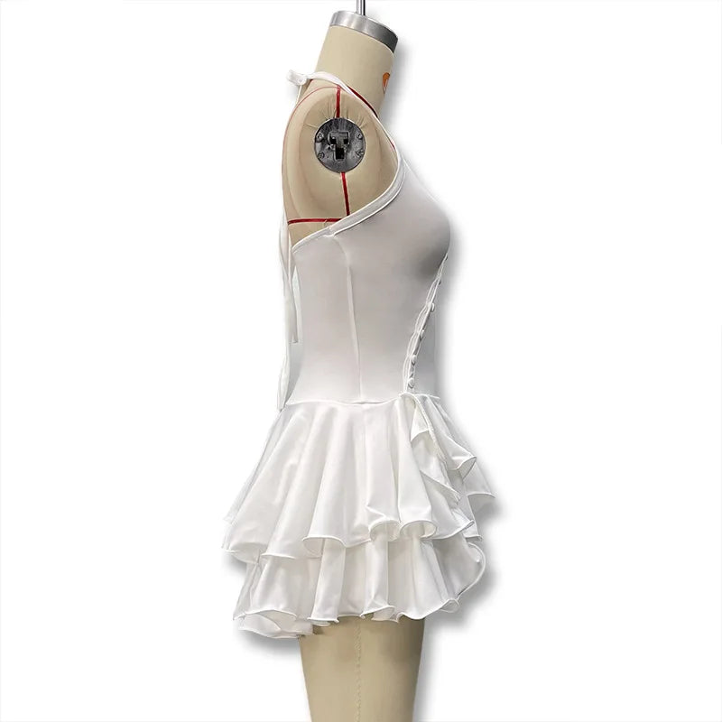 Hot Girl Slim Halter Neck Mini Dress Solid Color V-neck Single-breasted Layered Ruffles Bodycon Short Dresses Fashion Female New