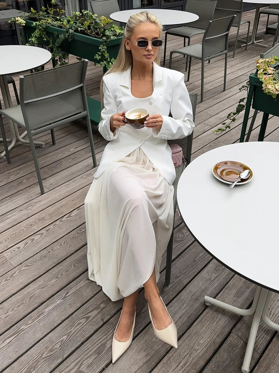 FDYOUI Elegant Solid Color Pleated Skirts for Women 2026 Chic High Slit Long Skirt High Street Office Lady Vacation Party Dress
