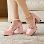 Plus Size Smooth Patent Leather Instep Metal Belt Square Buckle Platform High Thick Heel Ankle Buckle Sweet Lolita High Heels