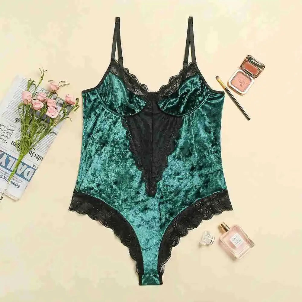 Women’s Red Velvet Lace Bodysuit Lingerie – Deep V Neck One-Piece Teddy with Black Lace Trim, Sexy Slim Fit Nightwear
