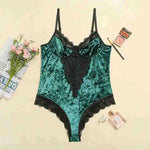 Women’s Red Velvet Lace Bodysuit Lingerie – Deep V Neck One-Piece Teddy with Black Lace Trim, Sexy Slim Fit Nightwear