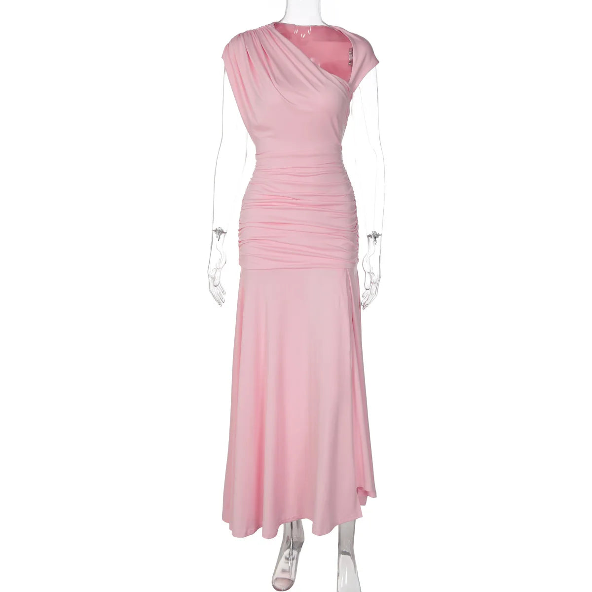 FDYOUI 2026 Summer Diagonal Collar Sleeveless Birthday Dress Women Sexy Tunics Pleated Solid Long Party Dresses Pink Black Gown