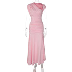 FDYOUI 2026 Summer Diagonal Collar Sleeveless Birthday Dress Women Sexy Tunics Pleated Solid Long Party Dresses Pink Black Gown