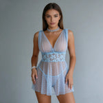 Polka Dot Mesh Babydoll Set V Neck Lace Waist Tie Straps Sheer Sleepwear for Home Lounging Bridal Honeymoon Anniversary Night