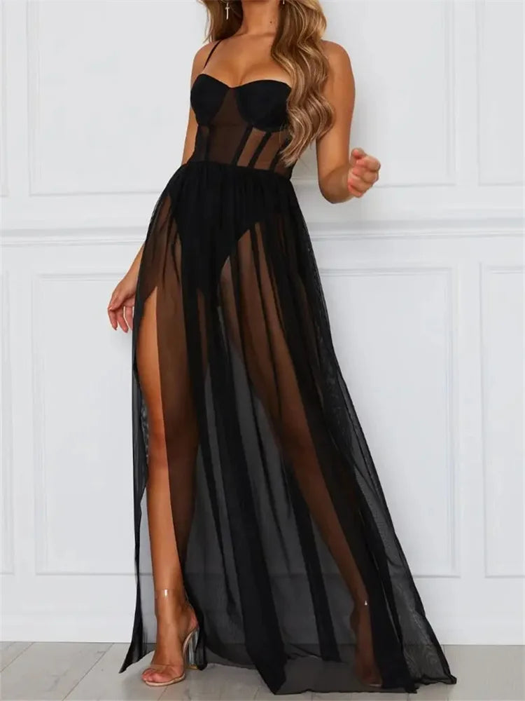2026 Fashion Mesh Sheer Bodysuit Dress Ladies Sleeveless Bikini Cover Ups Summer Dress Club Party Beach Sexy Dresses Female